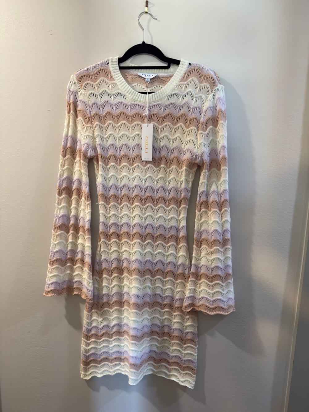 Gilli Pastel Knit Mini Dress – Bell Sleeve – Open Knit – NWT – Women’s Small